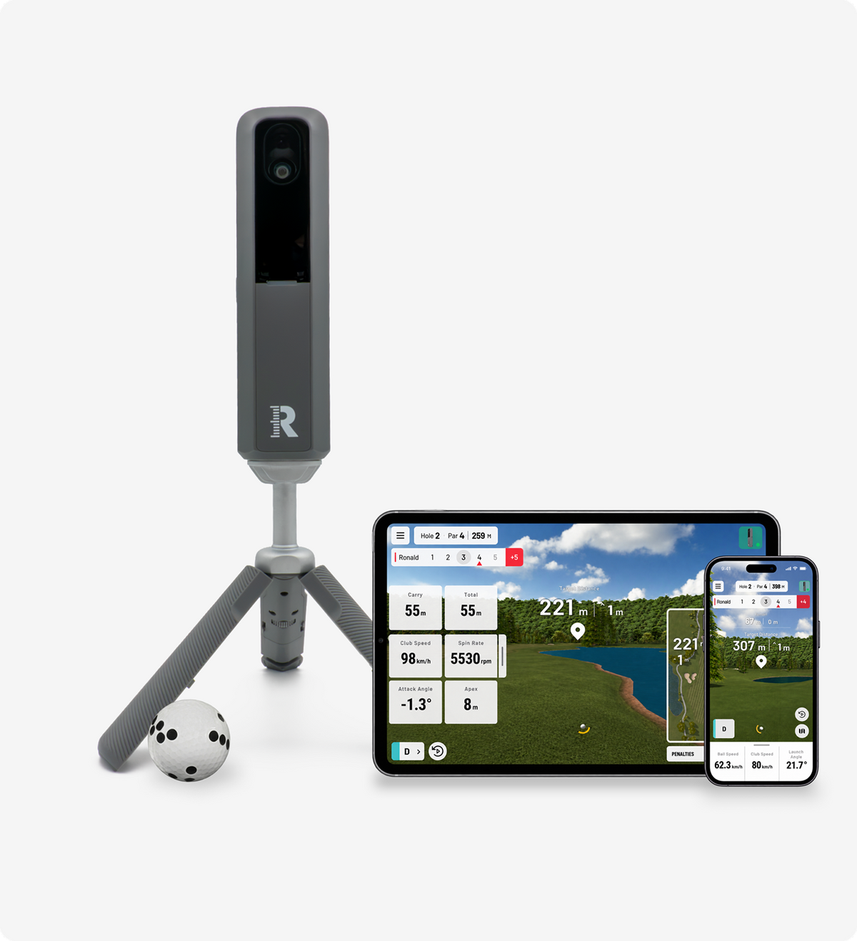 Rapsodo MLM2XPRO launch monitor with the app on tablet and phone