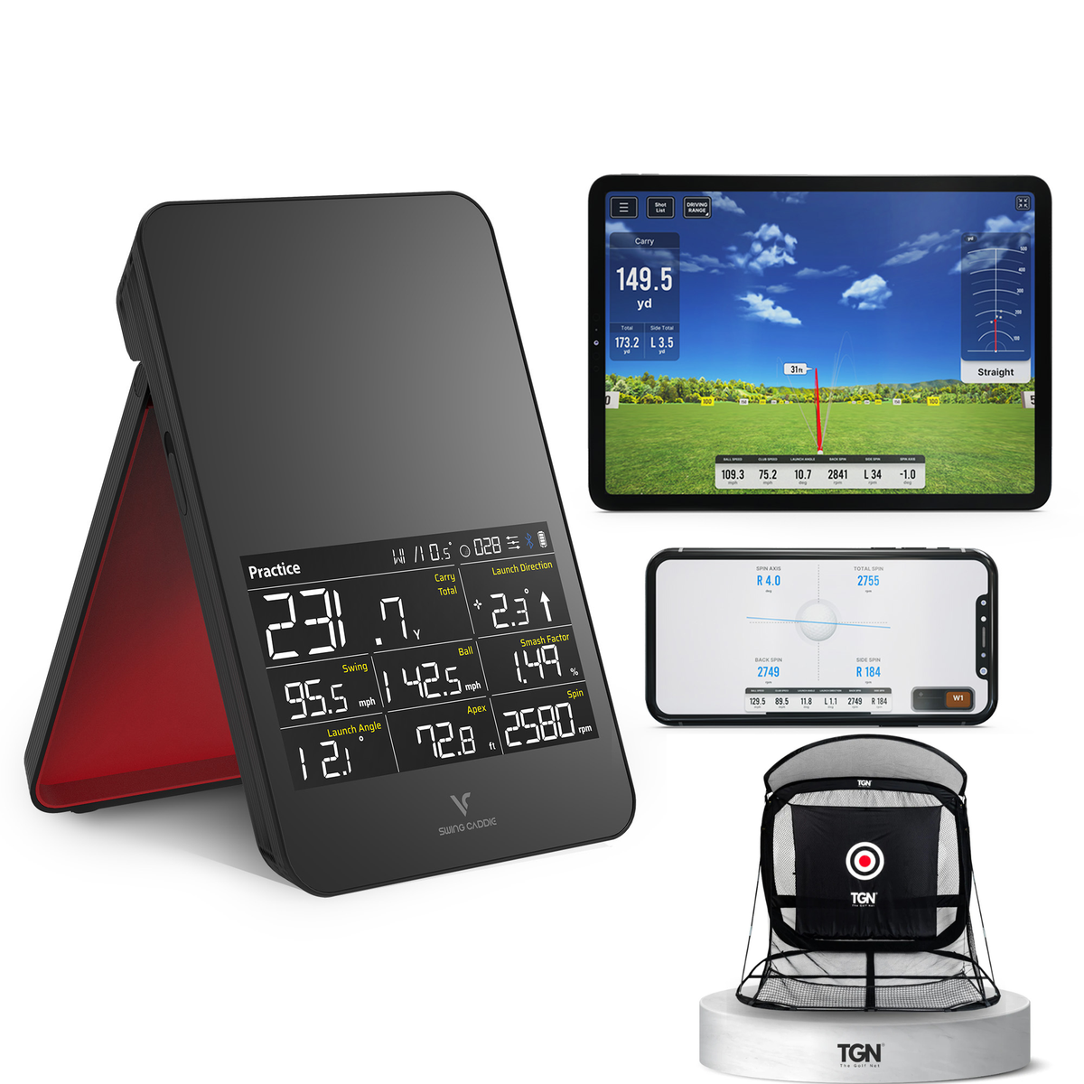 Voice Caddie SC4 Pro launch monitor with the TGN 7 net